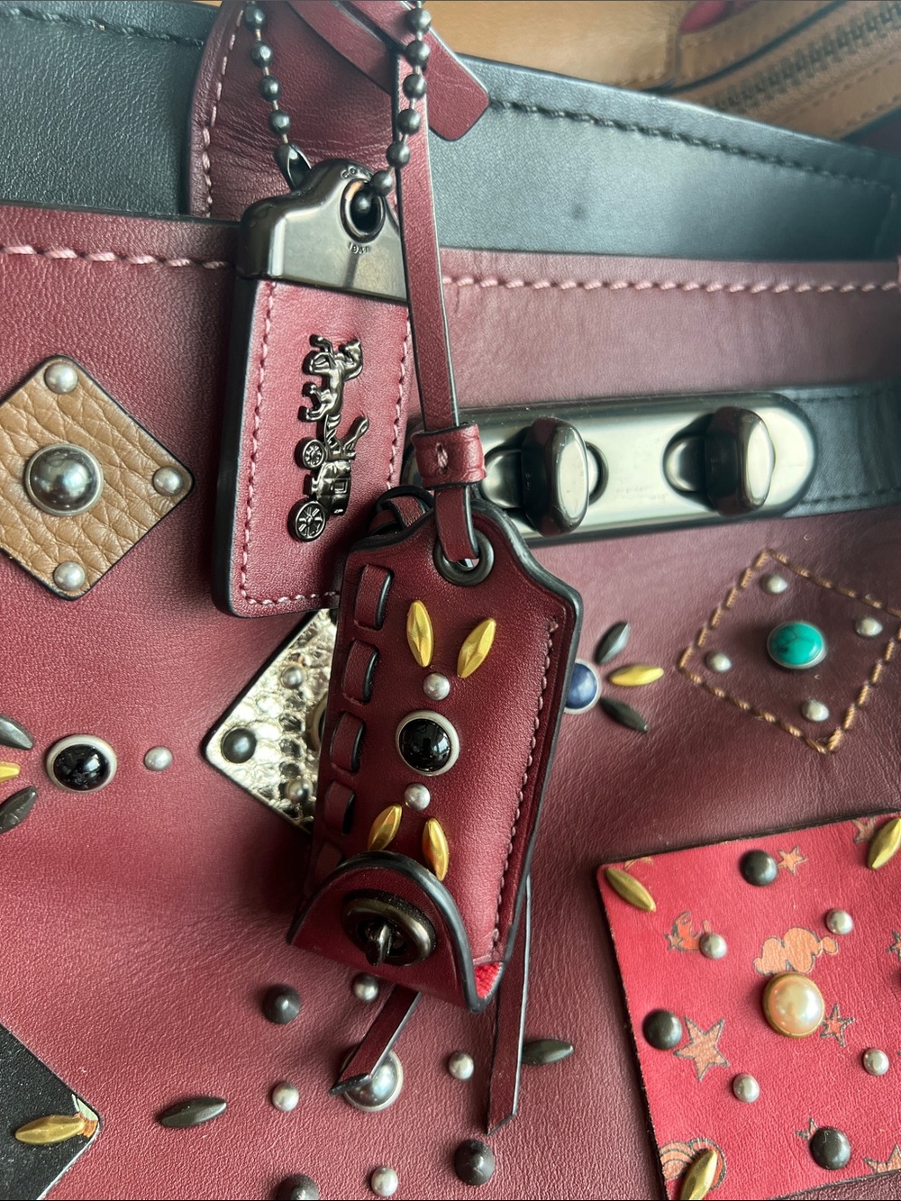 COACH Burgundy Leather Studded Satchel with Multicolor Accent Studs View 3